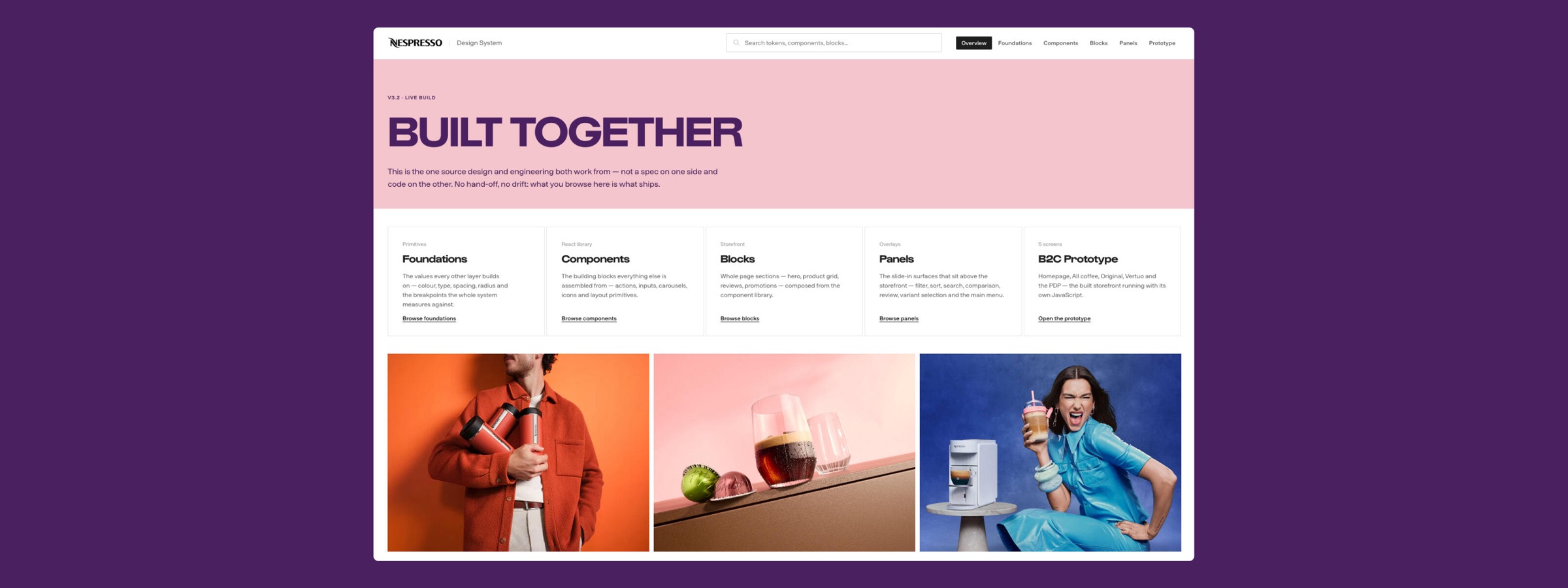 The Nespresso Design System documentation, titled Built together, with sections for foundations, components, blocks, panels and the B2C prototype, above three campaign photographs.